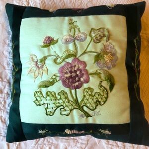 Small Hand Embroidered Hunter Green Accent Pillow